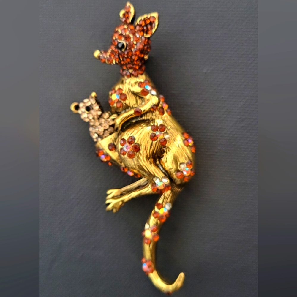 Gold-Tone Kangaroo Brooch with Orange and Pink Accents